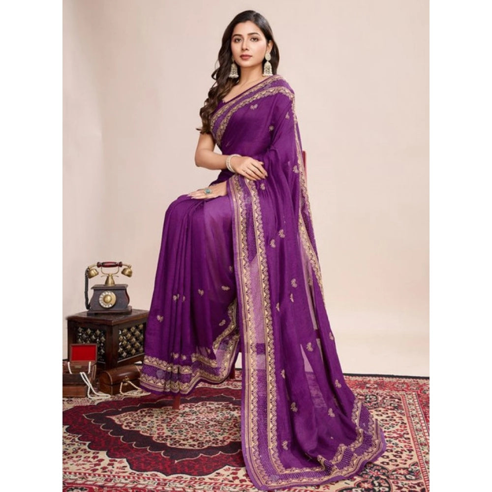 Amfyn Women's Vichitra Silk Embroidery Work Saree With Unstitched Blouse 5.5Mtr (Wine)