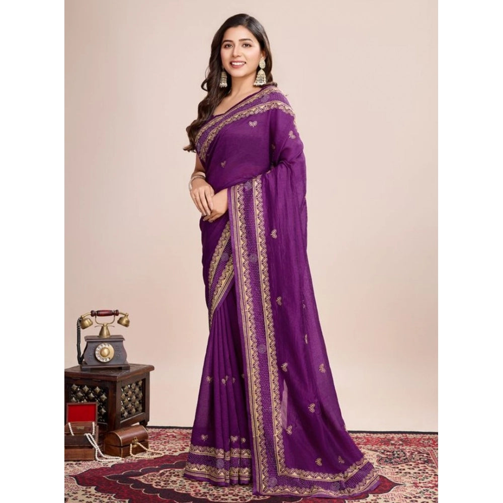 Amfyn Women's Vichitra Silk Embroidery Work Saree With Unstitched Blouse 5.5Mtr (Wine)