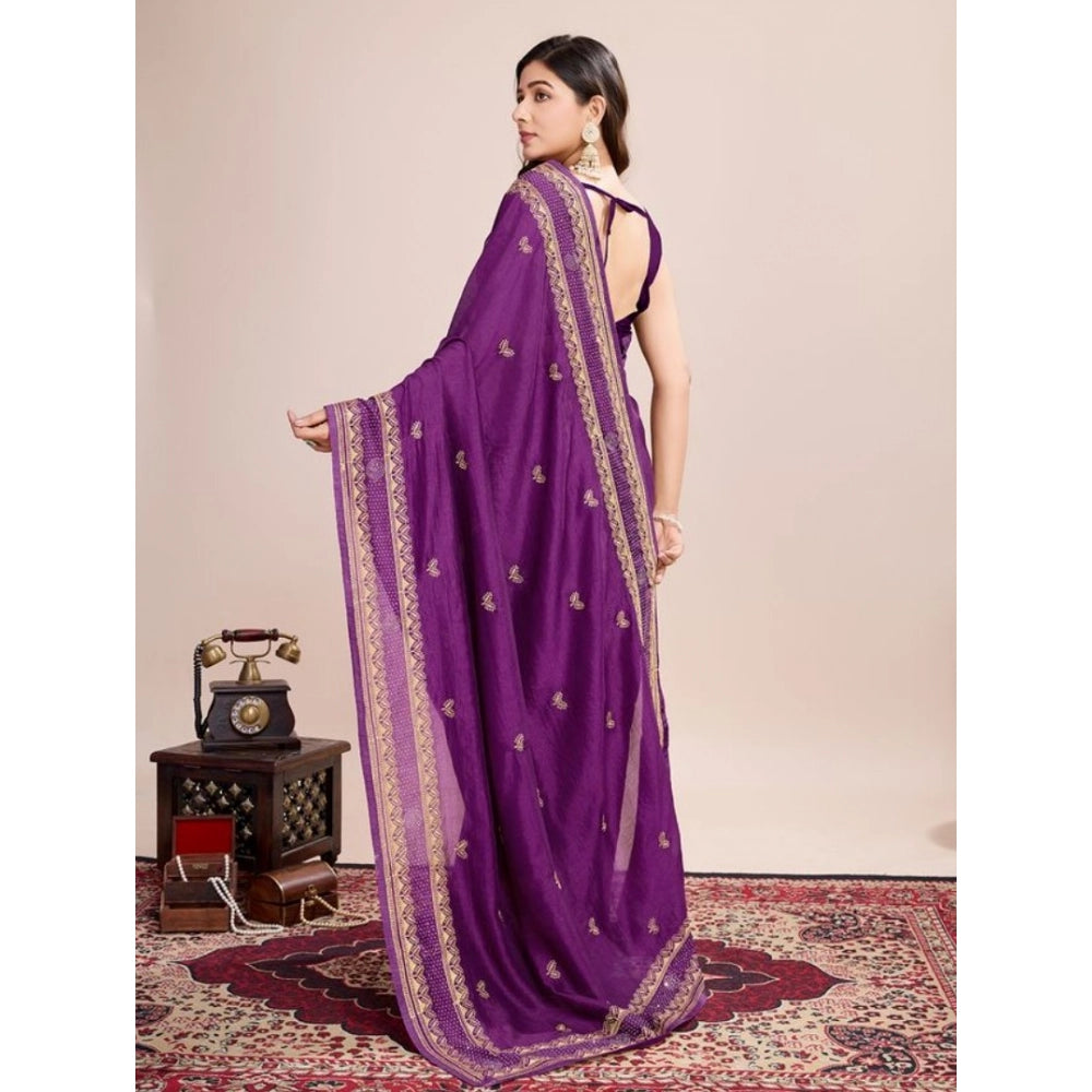 Amfyn Women's Vichitra Silk Embroidery Work Saree With Unstitched Blouse 5.5Mtr (Wine)