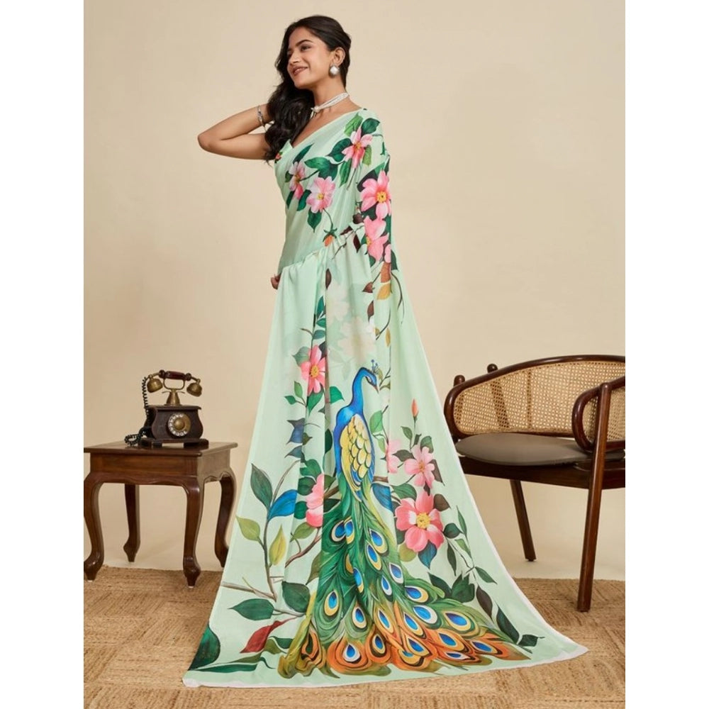 Amfyn Women's Faux_Georgette Printed Saree With Unstitched Blouse 5.5Mtr (Light_Green)
