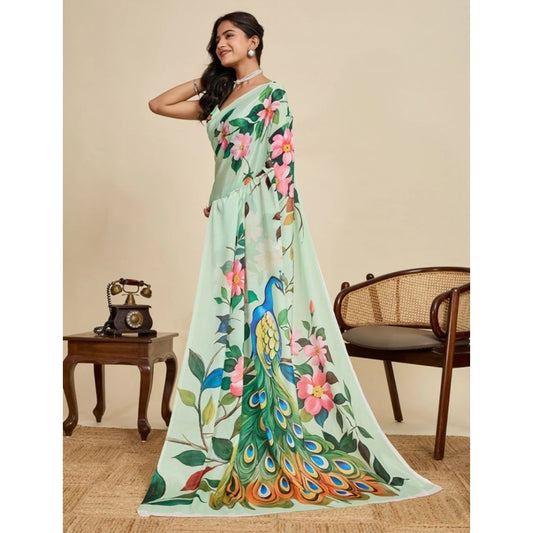 Amfyn Women's Faux_Georgette Printed Saree With Unstitched Blouse 5.5Mtr (Light_Green)