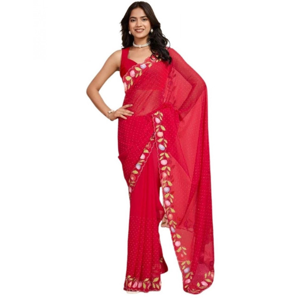 Amfyn Women's Georgette Printed Saree With Unstitched Blouse 5.5Mtr (Red)