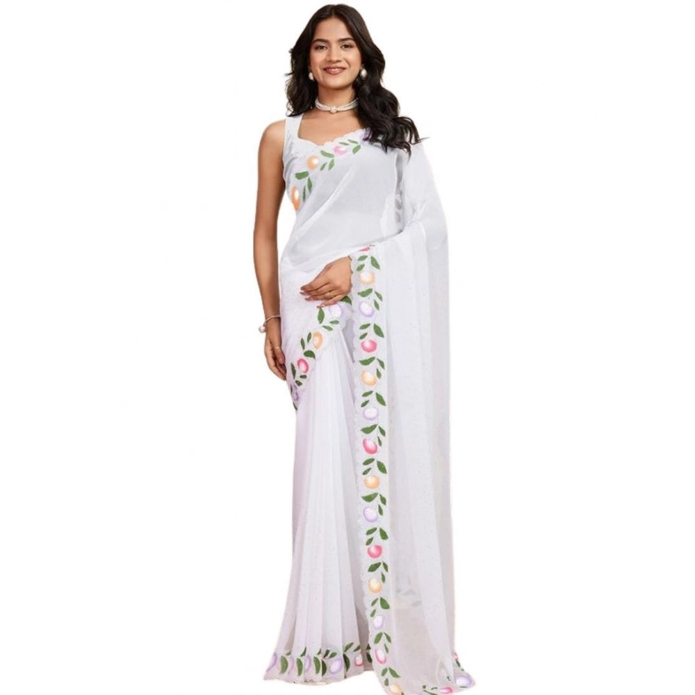 Amfyn Women's Georgette Printed Saree With Unstitched Blouse 5.5Mtr (White)