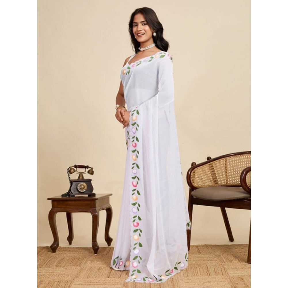 Amfyn Women's Georgette Printed Saree With Unstitched Blouse 5.5Mtr (White)