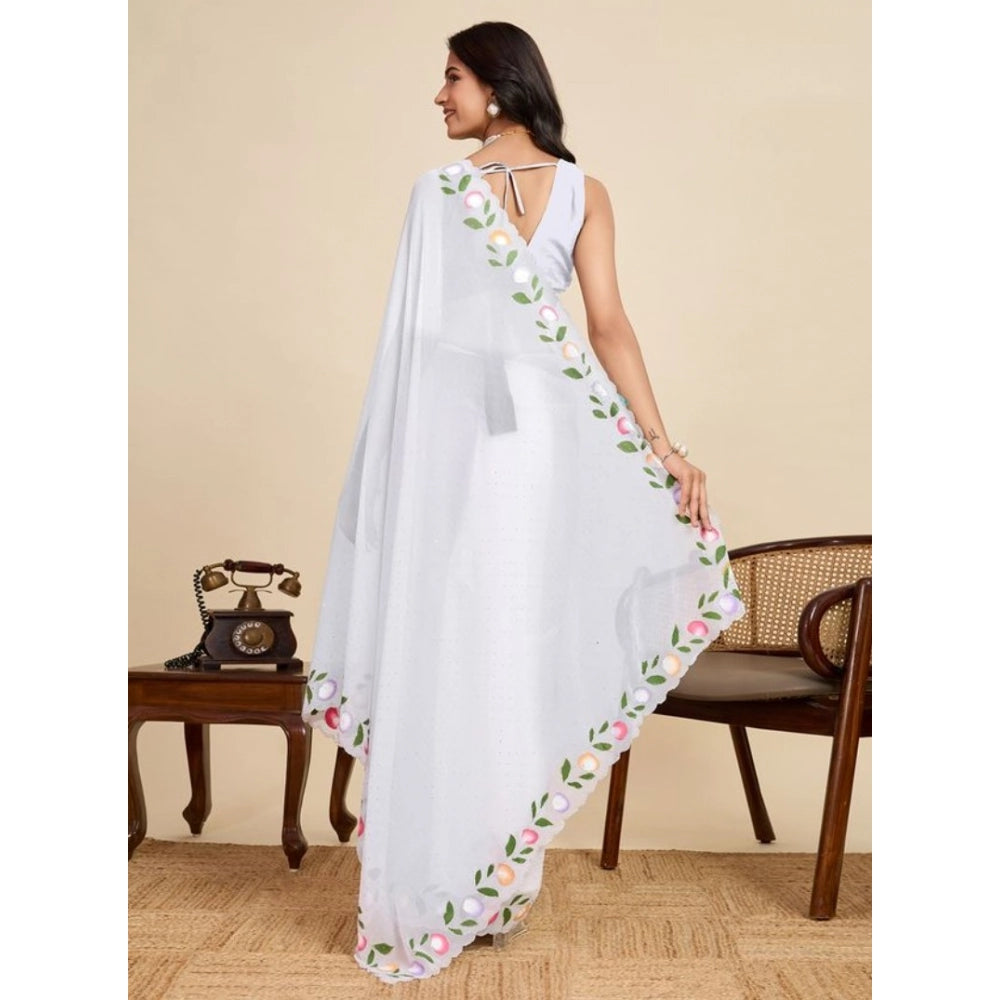 Amfyn Women's Georgette Printed Saree With Unstitched Blouse 5.5Mtr (White)