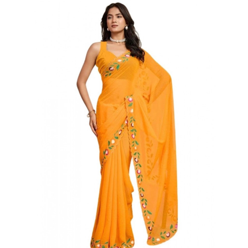 Amfyn Women's Georgette Printed Saree With Unstitched Blouse 5.5Mtr (Yellow)