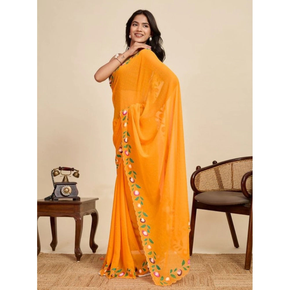 Amfyn Women's Georgette Printed Saree With Unstitched Blouse 5.5Mtr (Yellow)