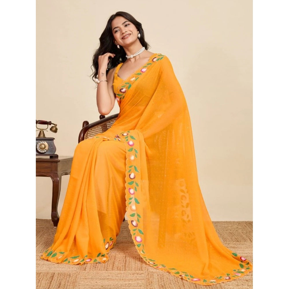 Amfyn Women's Georgette Printed Saree With Unstitched Blouse 5.5Mtr (Yellow)