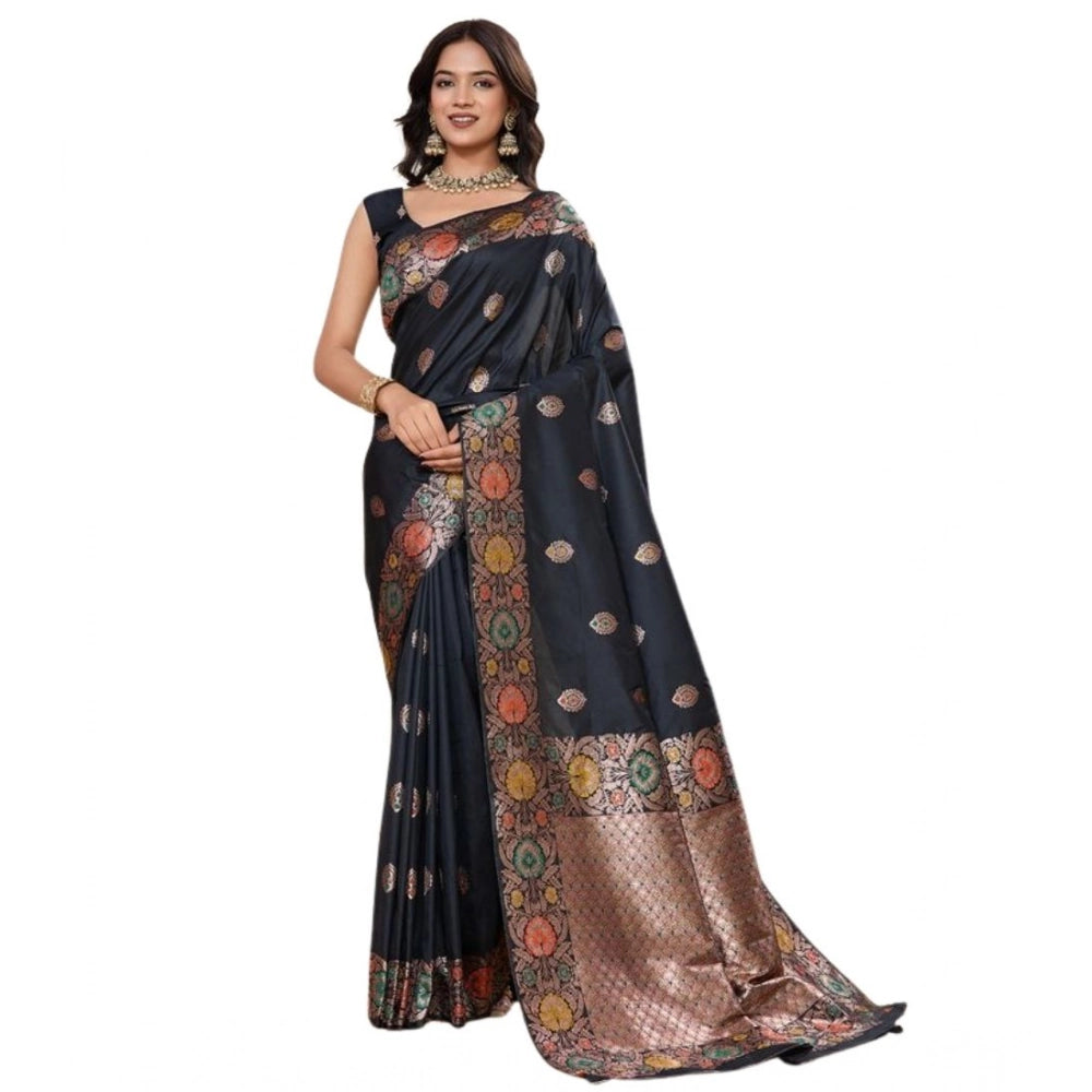 Amfyn Women's Faux_Banarasi_Silk Woven Saree With Unstitched Blouse 5.5Mtr (Black)