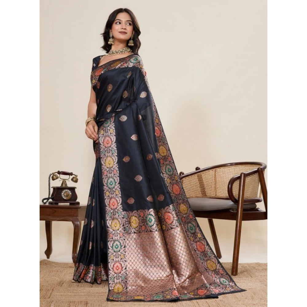 Amfyn Women's Faux_Banarasi_Silk Woven Saree With Unstitched Blouse 5.5Mtr (Black)