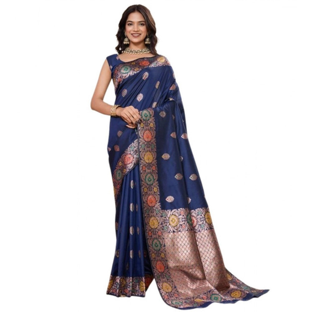 Amfyn Women's Faux_Banarasi_Silk Woven Saree With Unstitched Blouse 5.5Mtr (Navy_Blue)