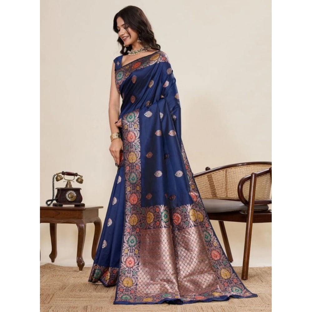Amfyn Women's Faux_Banarasi_Silk Woven Saree With Unstitched Blouse 5.5Mtr (Navy_Blue)