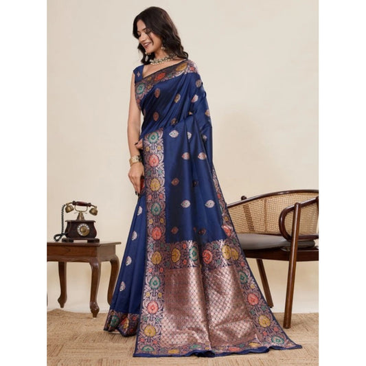 Amfyn Women's Faux_Banarasi_Silk Woven Saree With Unstitched Blouse 5.5Mtr (Navy_Blue)