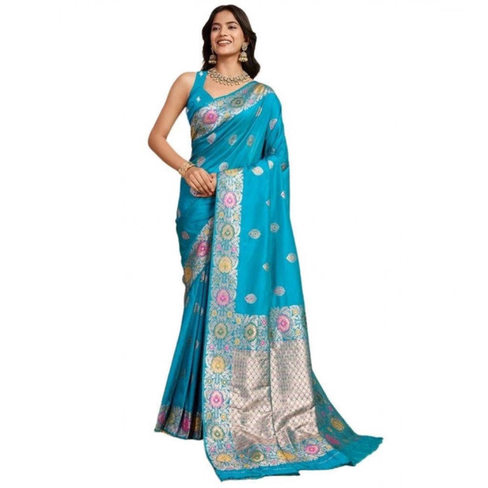 Amfyn Women's Faux_Banarasi_Silk Woven Saree With Unstitched Blouse 5.5Mtr (Turquoise)