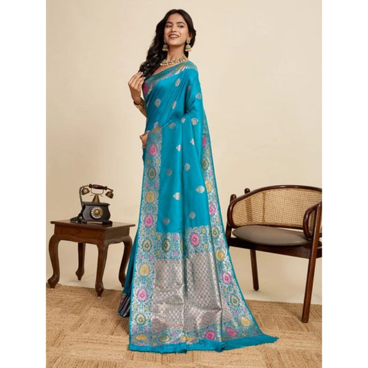 Amfyn Women's Faux_Banarasi_Silk Woven Saree With Unstitched Blouse 5.5Mtr (Turquoise)
