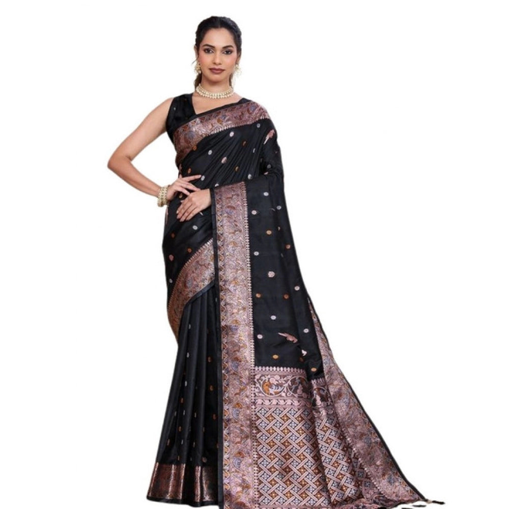 Amfyn Women's Jacquard Woven Saree With Unstitched Blouse 5.5Mtr (Black)
