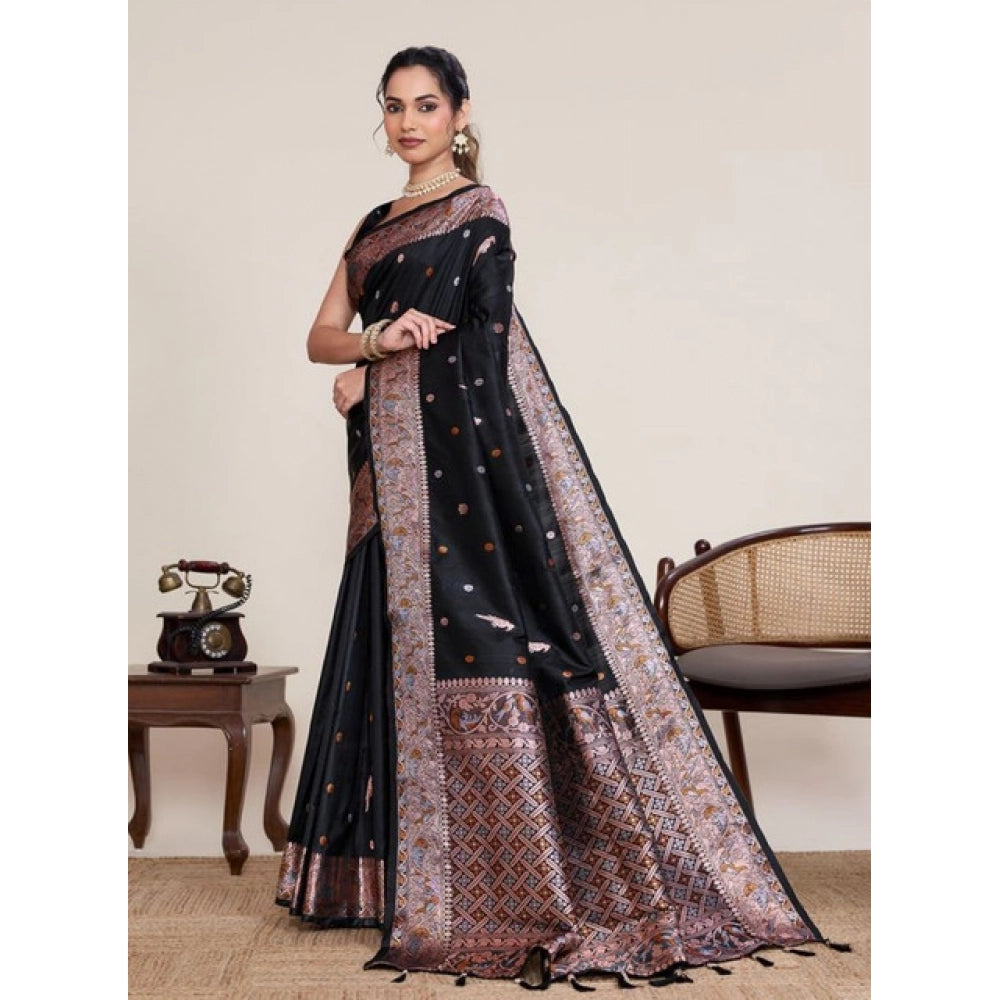 Amfyn Women's Jacquard Woven Saree With Unstitched Blouse 5.5Mtr (Black)