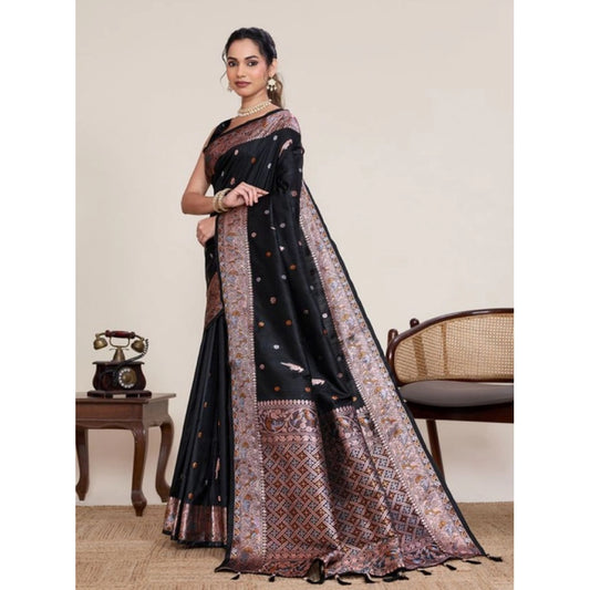 Amfyn Women's Jacquard Woven Saree With Unstitched Blouse 5.5Mtr (Black)