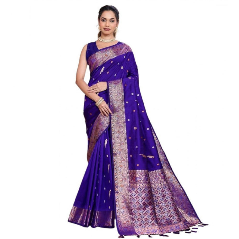 Amfyn Women's Jacquard Woven Saree With Unstitched Blouse 5.5Mtr (Blue)
