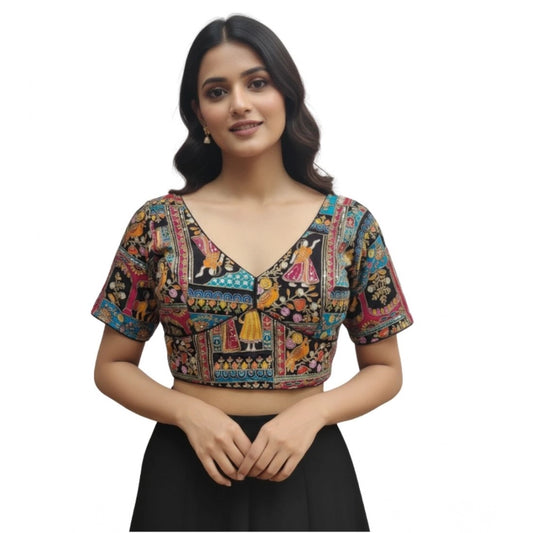 Amfyn Women's Crepe Position Print V Neck Short Sleeve Readymade Blouse (Black 38 Ready , Alterable 36–40)-PID65821