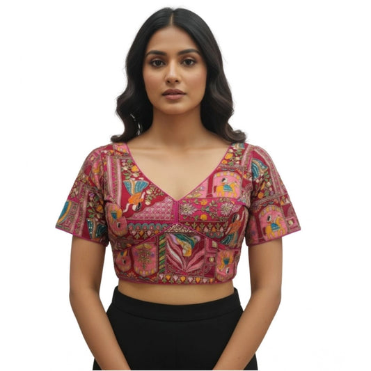 Amfyn Women's Crepe Position Print V Neck Short Sleeve Readymade Blouse (Pink 38 Ready , Alterable 36–40)-PID65822