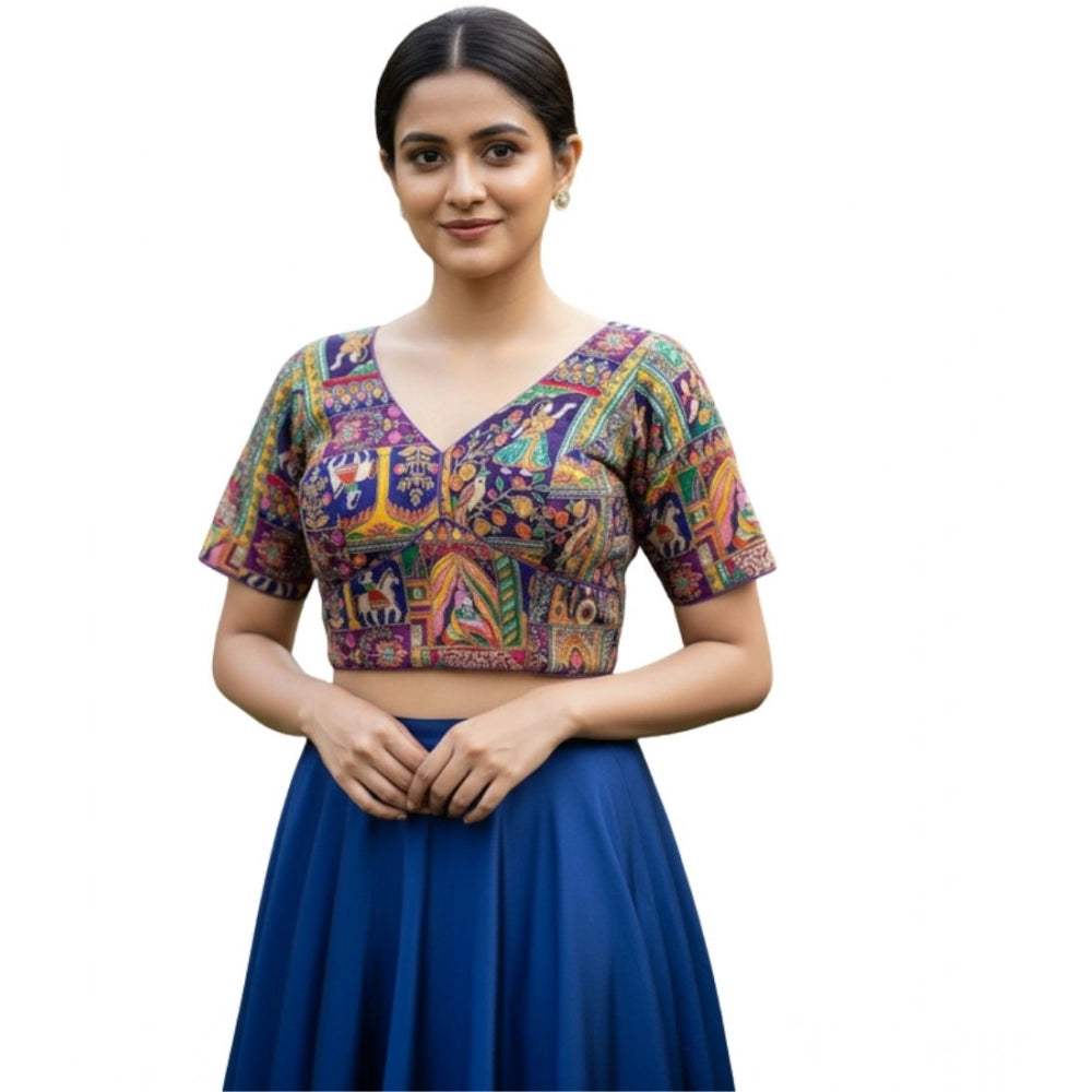 Amfyn Women's Crepe Position Print V Neck Short Sleeve Readymade Blouse (Purple 38 Ready , Alterable 36–40)-PID65823