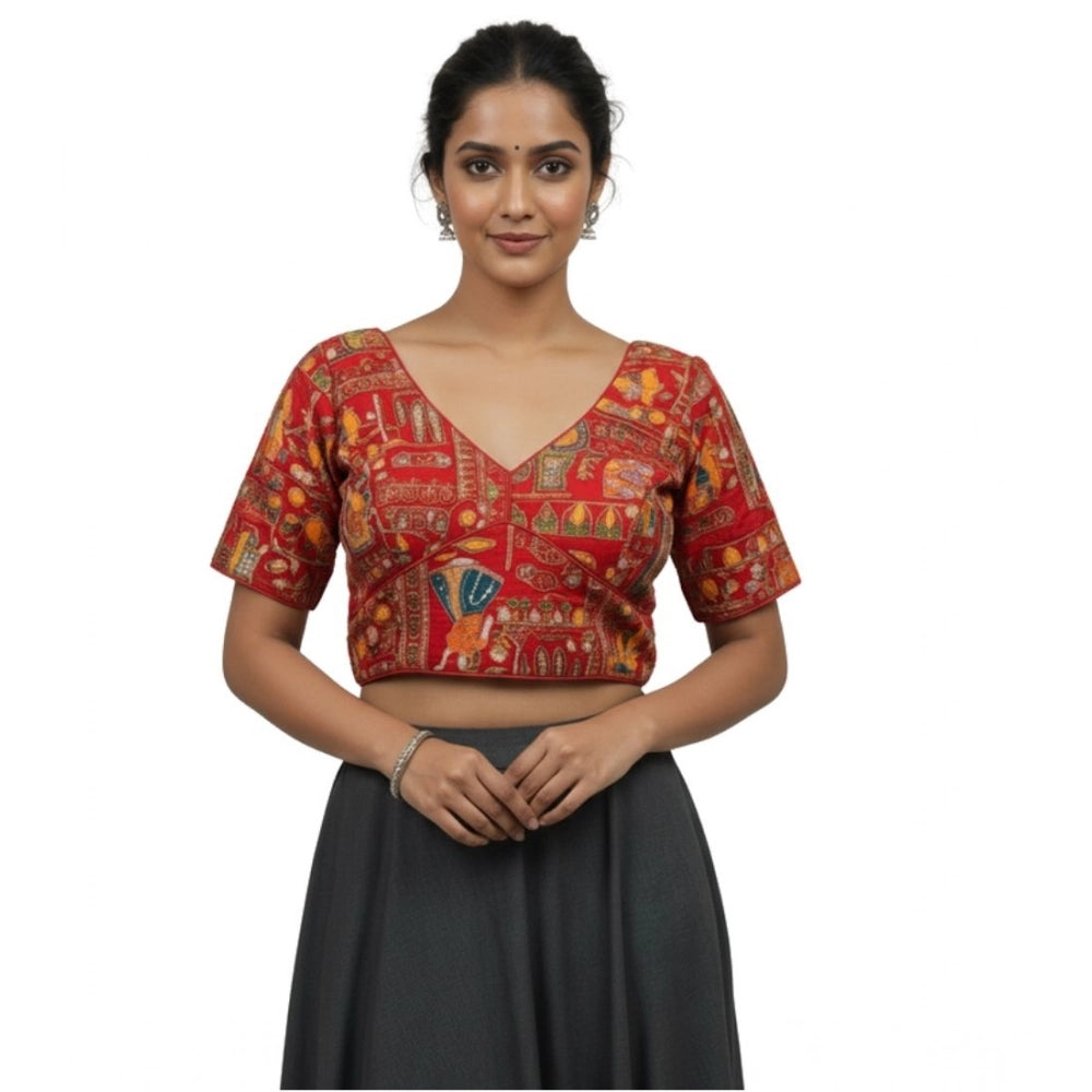 Amfyn Women's Crepe Position Print V Neck Short Sleeve Readymade Blouse (Red 38 Ready , Alterable 36–40)-PID65824