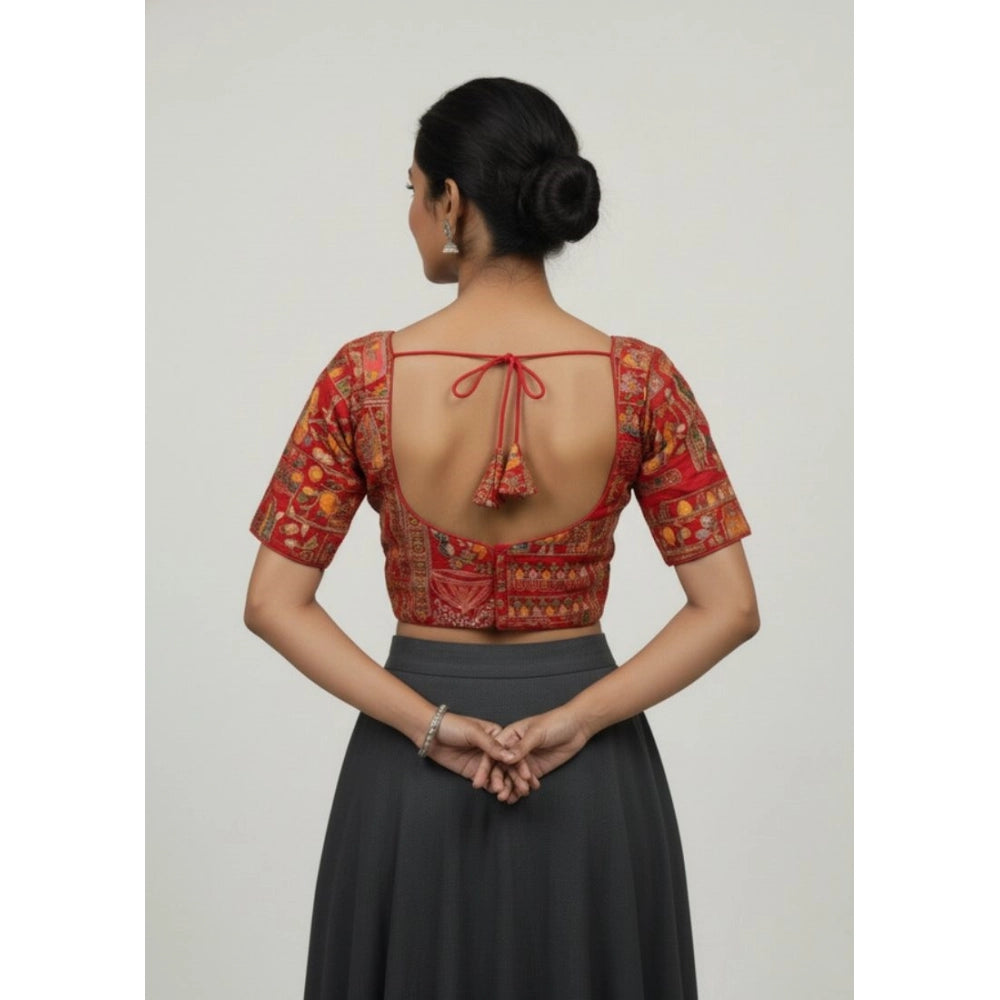 Amfyn Women's Crepe Position Print V Neck Short Sleeve Readymade Blouse (Red 38 Ready , Alterable 36–40)-PID65824
