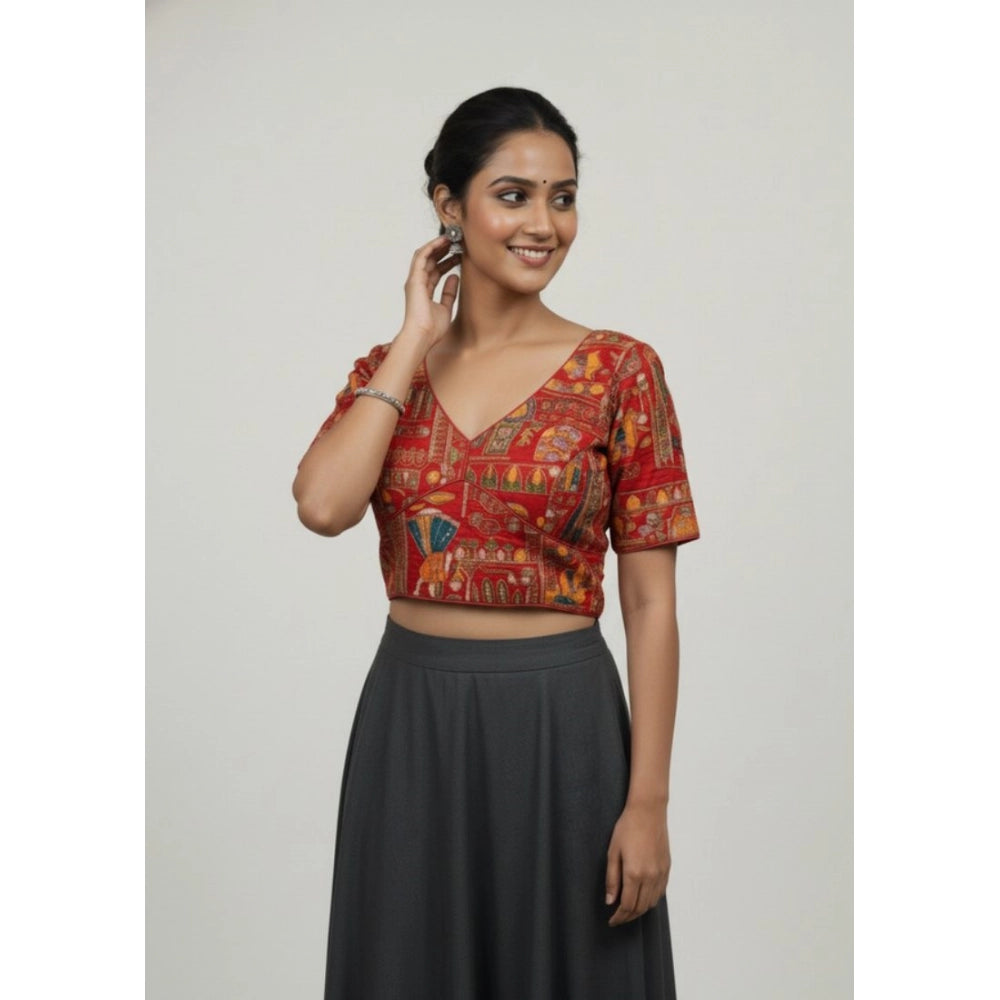 Amfyn Women's Crepe Position Print V Neck Short Sleeve Readymade Blouse (Red 38 Ready , Alterable 36–40)-PID65824