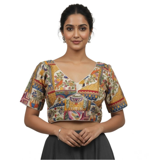 Amfyn Women's Crepe Position Print V Neck Short Sleeve Readymade Blouse (White 38 Ready , Alterable 36–40)-PID65825