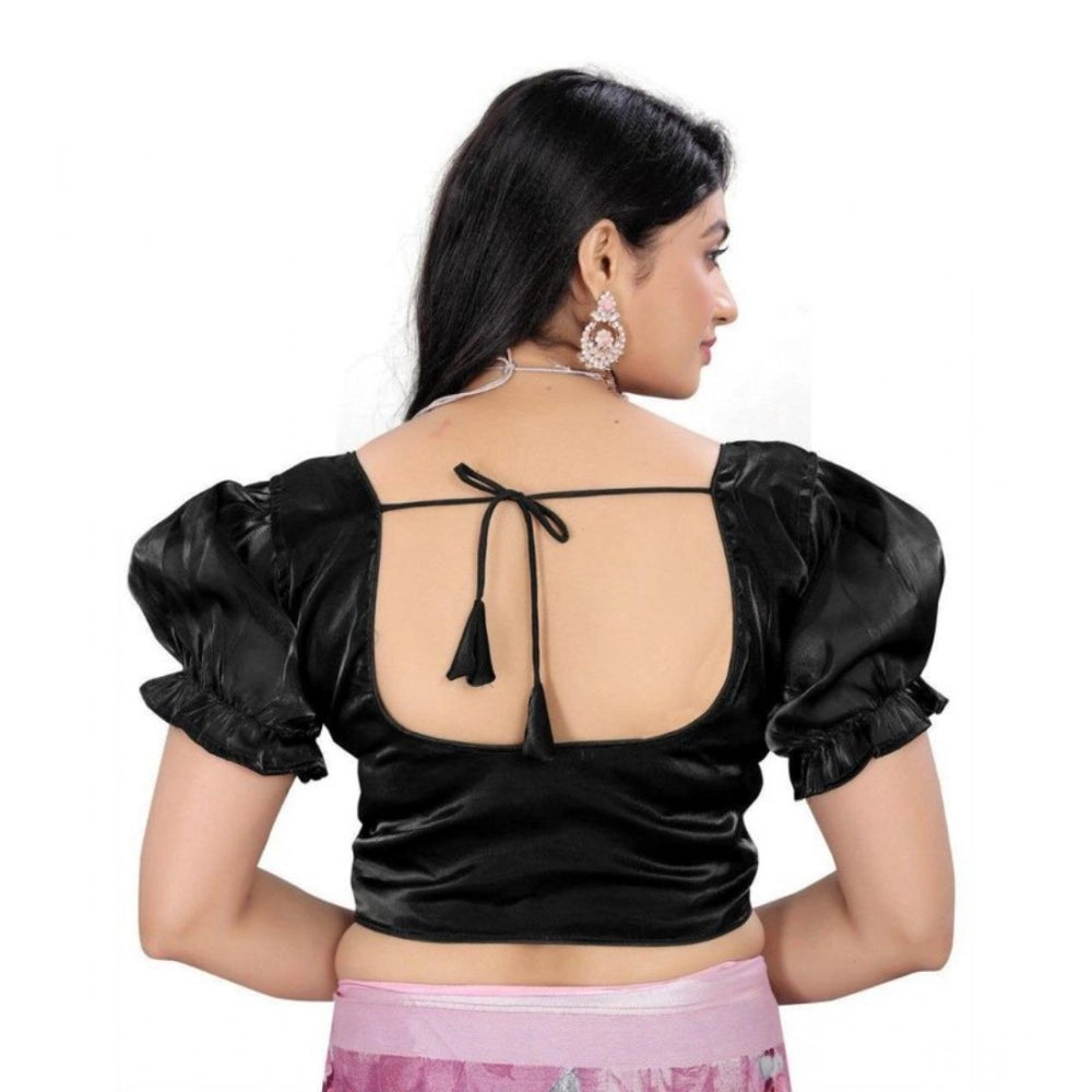 Amfyn Women's Jimmy Solid Designer Neck Elastic Sleeve Readymade Blouse (Black 38 , Alterable up to 42)-PID65827