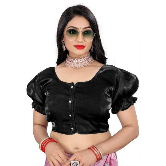 Amfyn Women's Jimmy Solid Designer Neck Elastic Sleeve Readymade Blouse (Black 38 , Alterable up to 42)-PID65827