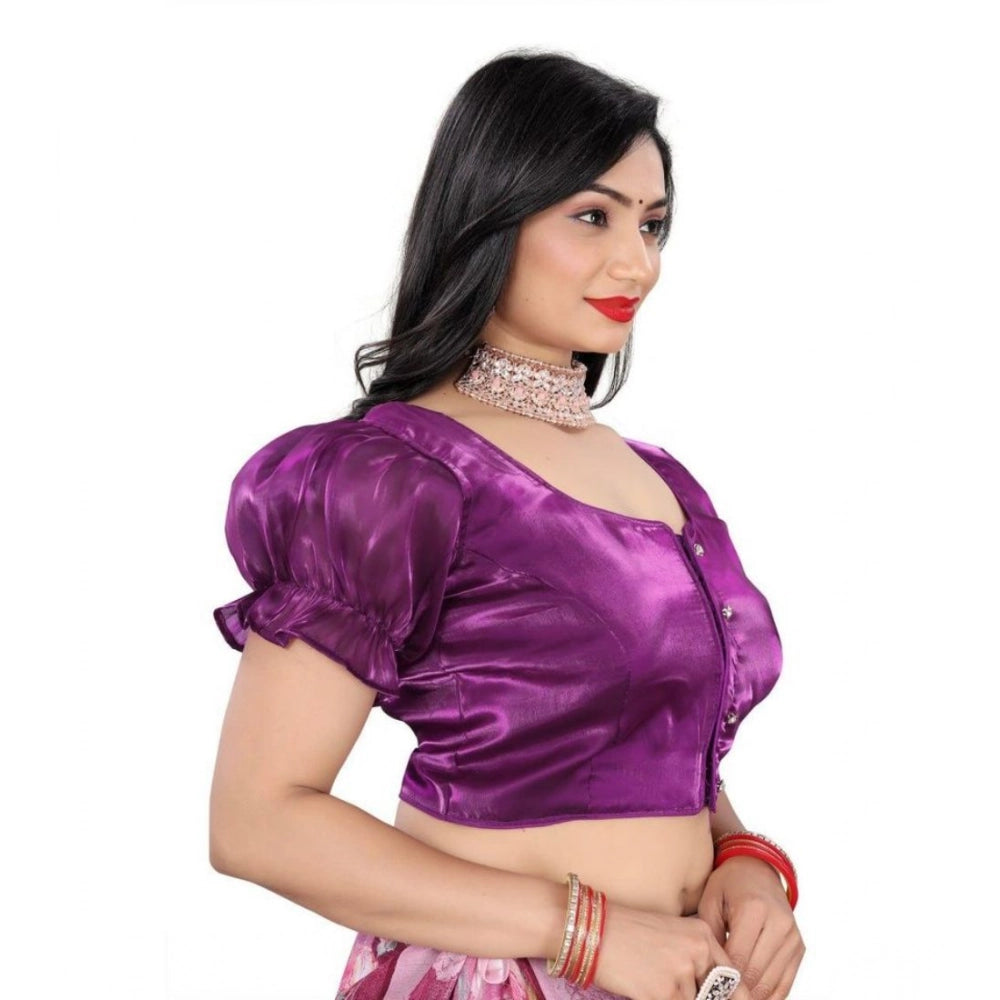 Amfyn Women's Jimmy Solid Designer Neck Elastic Sleeve Readymade Blouse (Purple 38 , Alterable up to 42)-PID65833