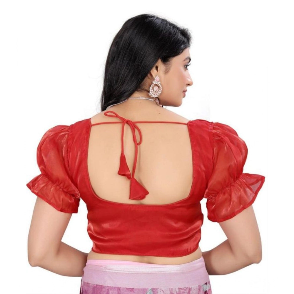 Amfyn Women's Jimmy Solid Designer Neck Elastic Sleeve Readymade Blouse (Red 38 , Alterable up to 42)-PID65834