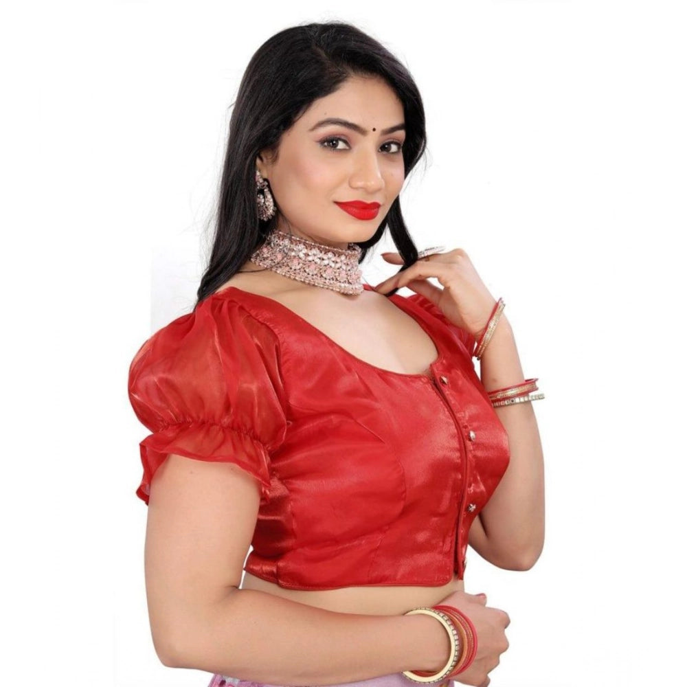 Amfyn Women's Jimmy Solid Designer Neck Elastic Sleeve Readymade Blouse (Red 38 , Alterable up to 42)-PID65834