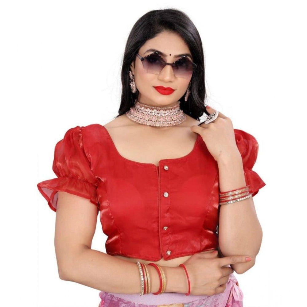 Amfyn Women's Jimmy Solid Designer Neck Elastic Sleeve Readymade Blouse (Red 38 , Alterable up to 42)-PID65834