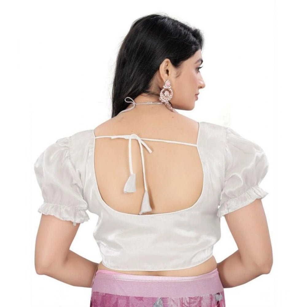 Amfyn Women's Jimmy Solid Designer Neck Elastic Sleeve Readymade Blouse (White 38 , Alterable up to 42)-PID65836