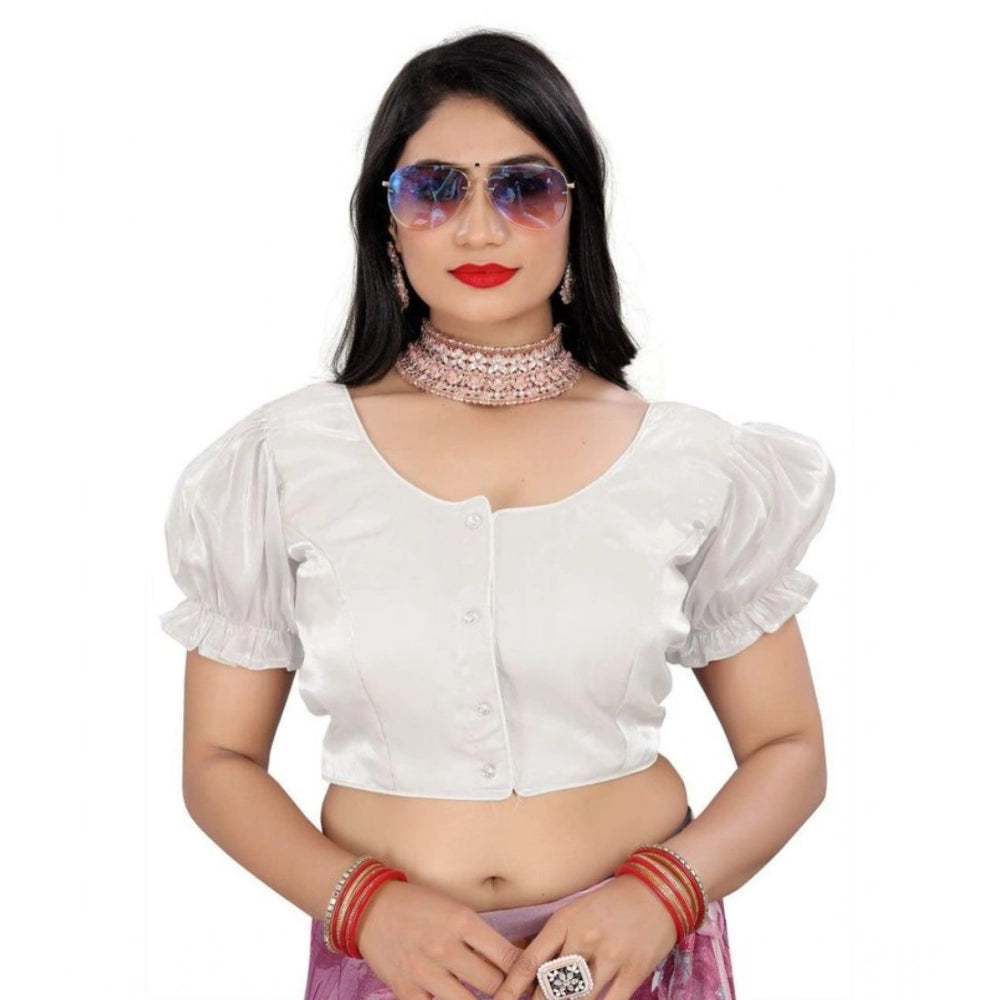 Amfyn Women's Jimmy Solid Designer Neck Elastic Sleeve Readymade Blouse (White 38 , Alterable up to 42)-PID65836