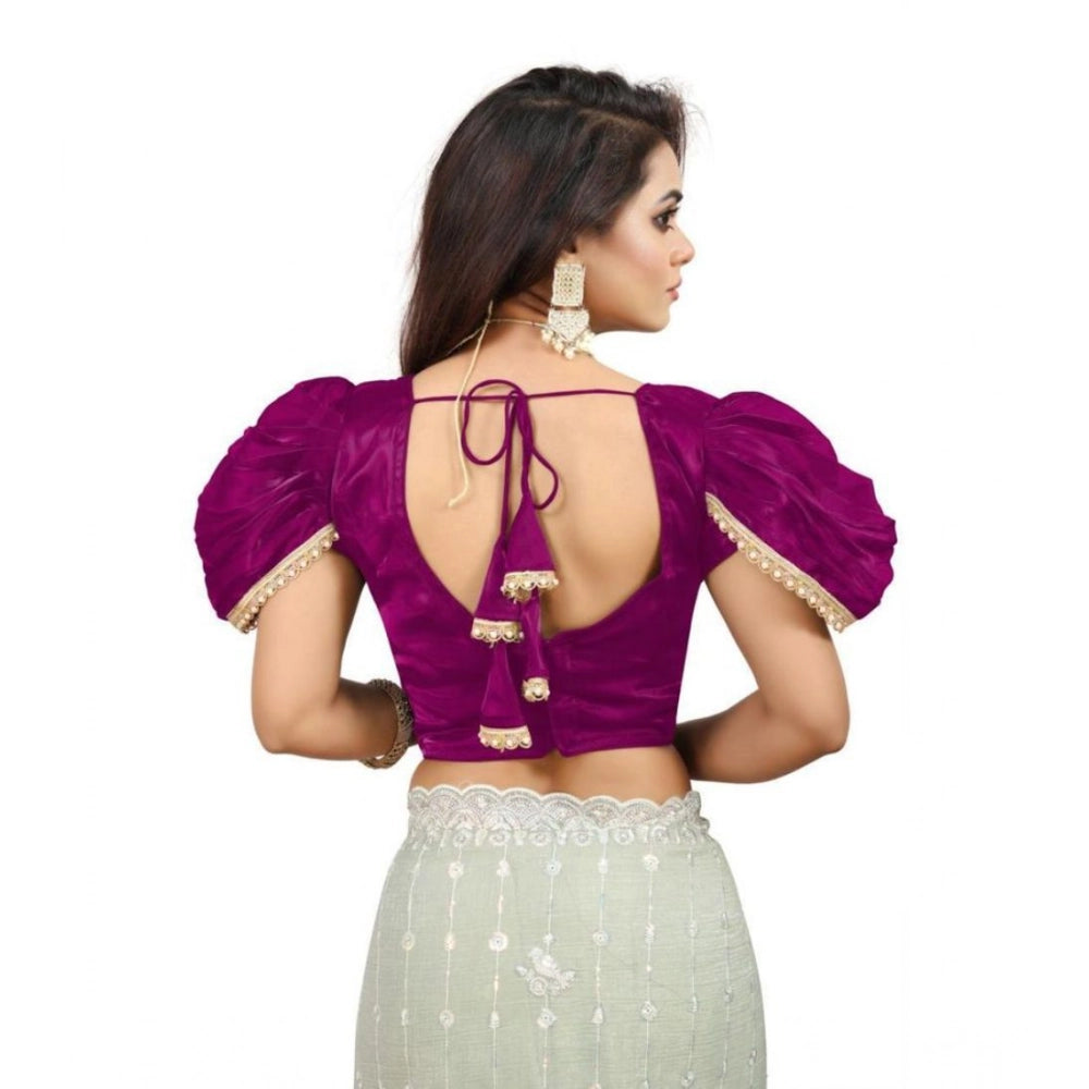 Amfyn Women's Jimmy Solid V Neck Puff Sleeve Readymade Blouse (Purple 38 , Alterable up to 42)-PID65843