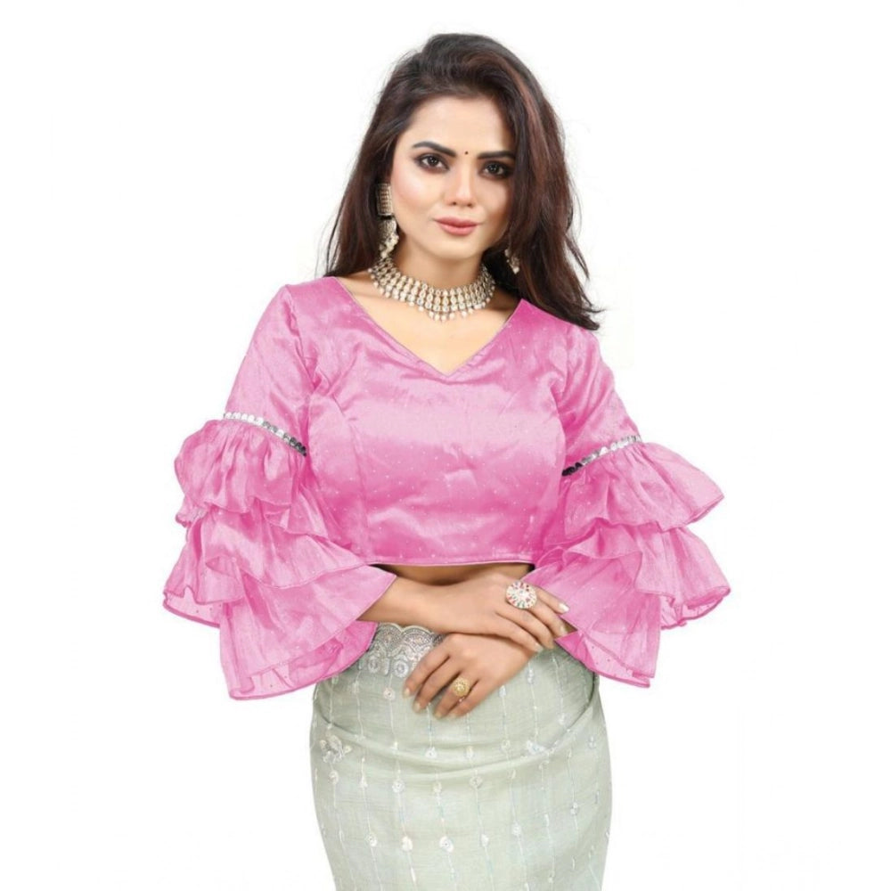 Amfyn Women's Organza Solid V Neck Layered Ruffle Sleeve Readymade Blouse (Light_Pink Free Size , up to 38–40 Bust)-PID65846