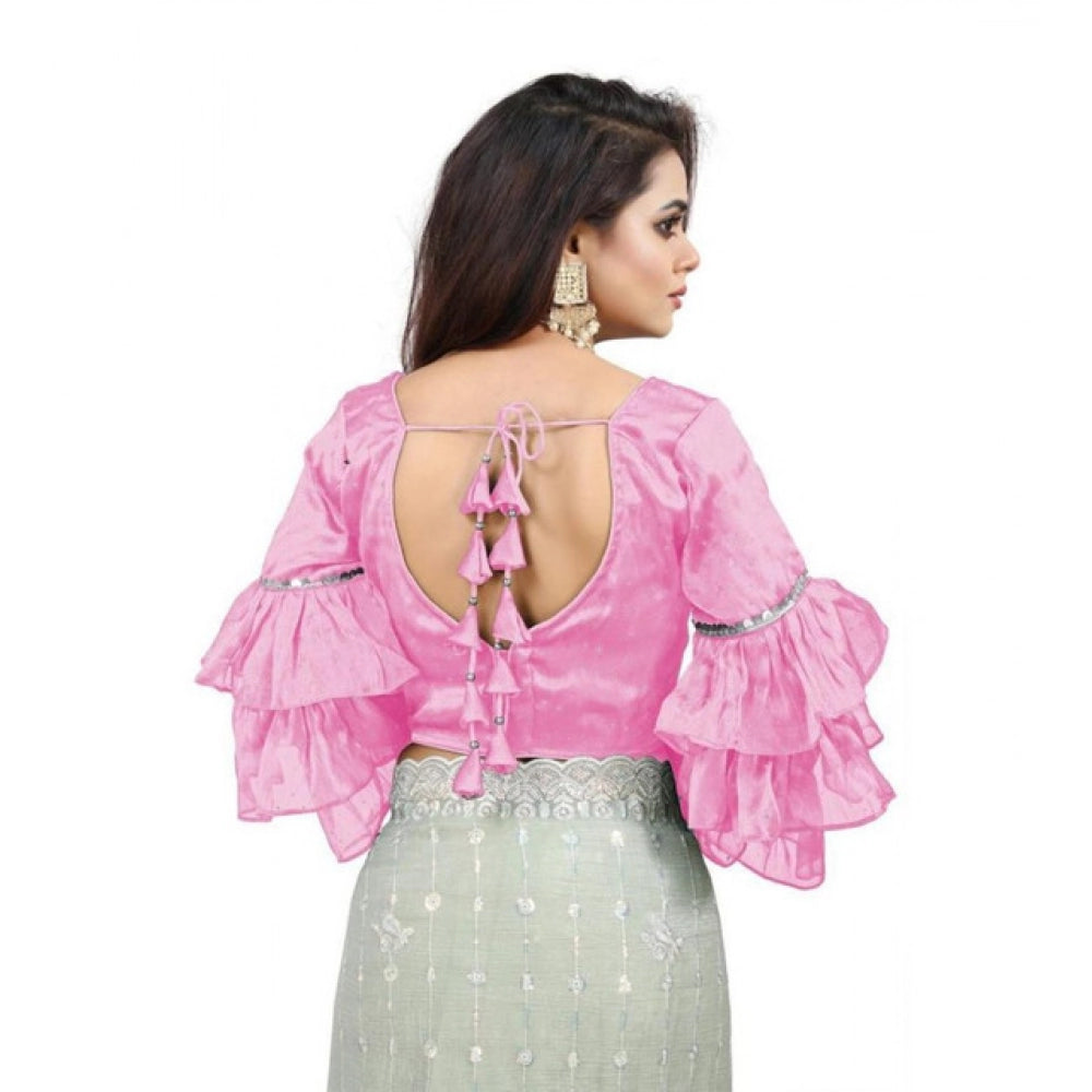 Amfyn Women's Organza Solid V Neck Layered Ruffle Sleeve Readymade Blouse (Light_Pink Free Size , up to 38–40 Bust)-PID65846
