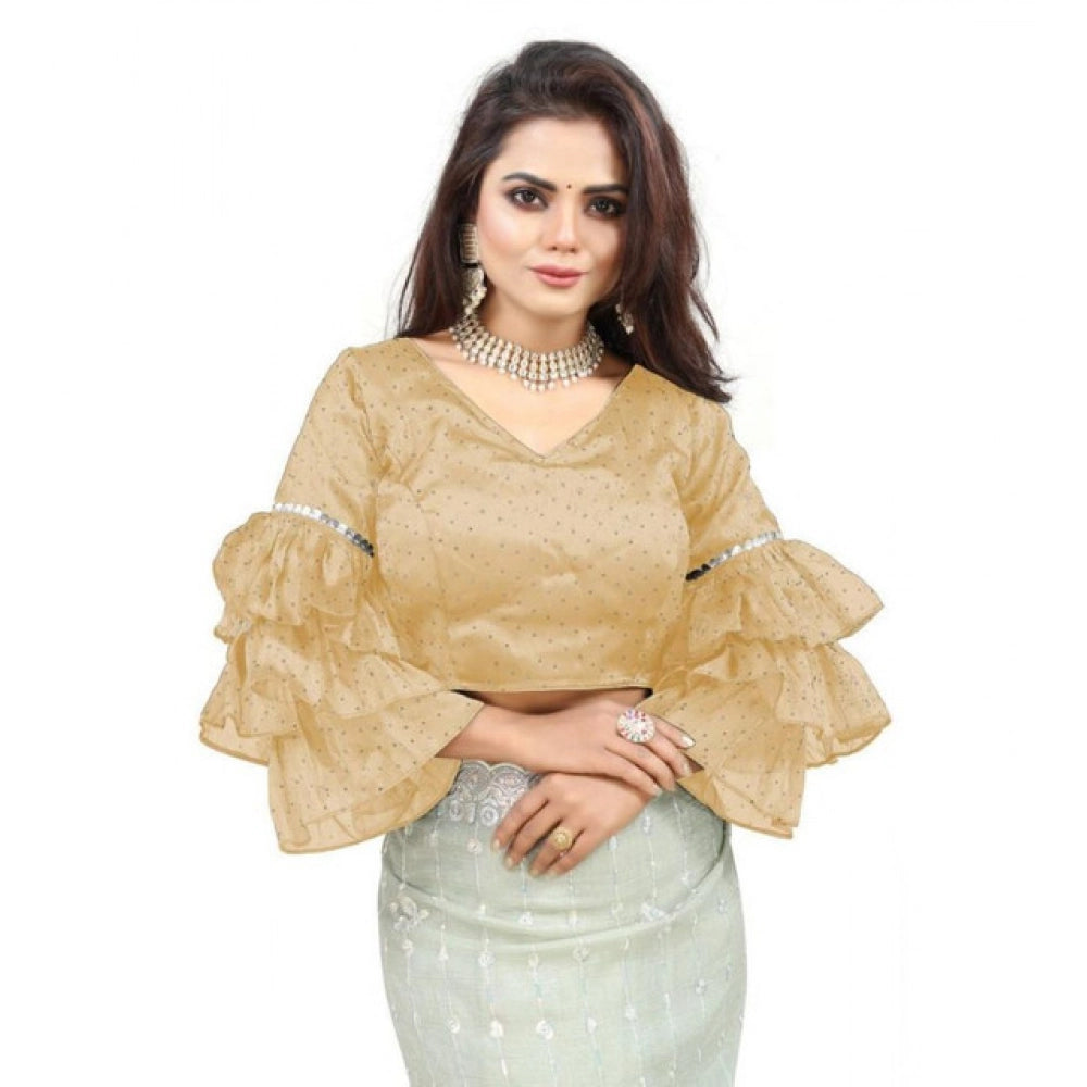 Amfyn Women's Organza Solid V Neck Layered Ruffle Sleeve Readymade Blouse (Beige Free Size , up to 38–40 Bust)-PID65847