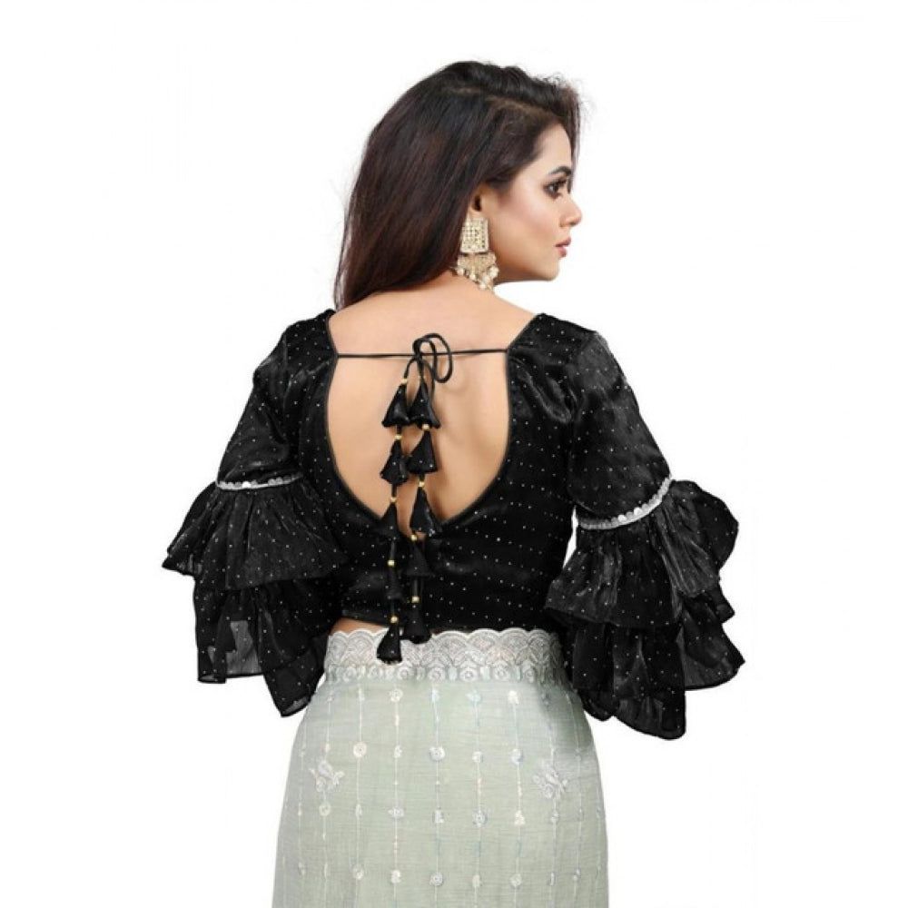 Amfyn Women's Organza Solid V Neck Layered Ruffle Sleeve Readymade Blouse (Black Free Size , up to 38–40 Bust)-PID65848