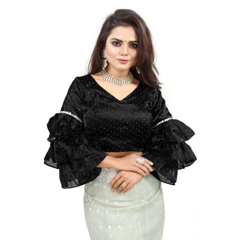 Amfyn Women's Organza Solid V Neck Layered Ruffle Sleeve Readymade Blouse (Black Free Size , up to 38–40 Bust)-PID65848