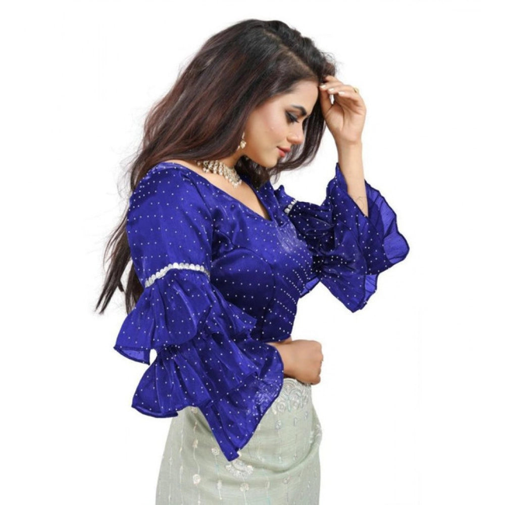 Amfyn Women's Organza Solid V Neck Layered Ruffle Sleeve Readymade Blouse (Blue Free Size , up to 38–40 Bust)-PID65849