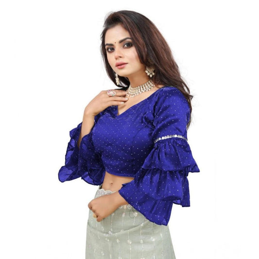 Amfyn Women's Organza Solid V Neck Layered Ruffle Sleeve Readymade Blouse (Blue Free Size , up to 38–40 Bust)-PID65849