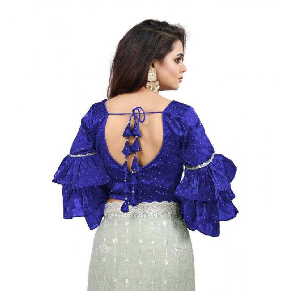Amfyn Women's Organza Solid V Neck Layered Ruffle Sleeve Readymade Blouse (Blue Free Size , up to 38–40 Bust)-PID65849