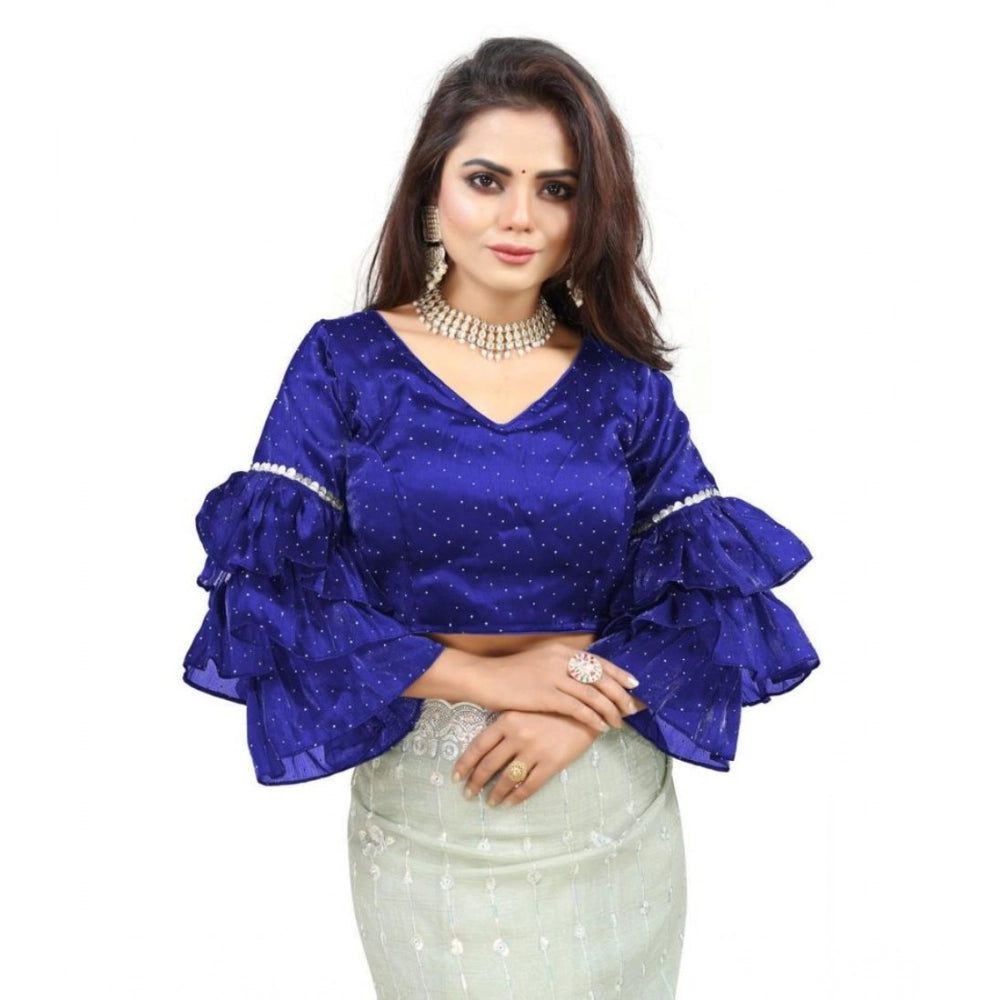 Amfyn Women's Organza Solid V Neck Layered Ruffle Sleeve Readymade Blouse (Blue Free Size , up to 38–40 Bust)-PID65849