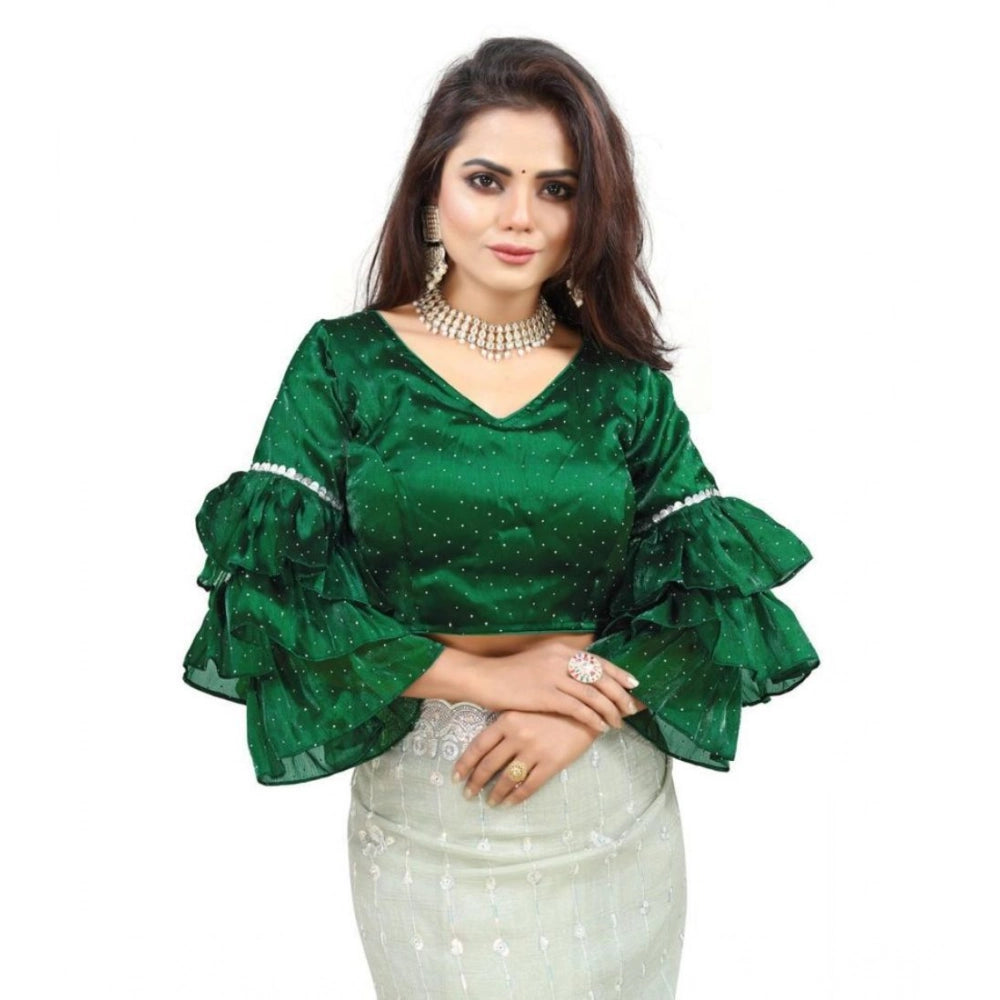 Amfyn Women's Organza Solid V Neck Layered Ruffle Sleeve Readymade Blouse (Green Free Size , up to 38–40 Bust)-PID65850