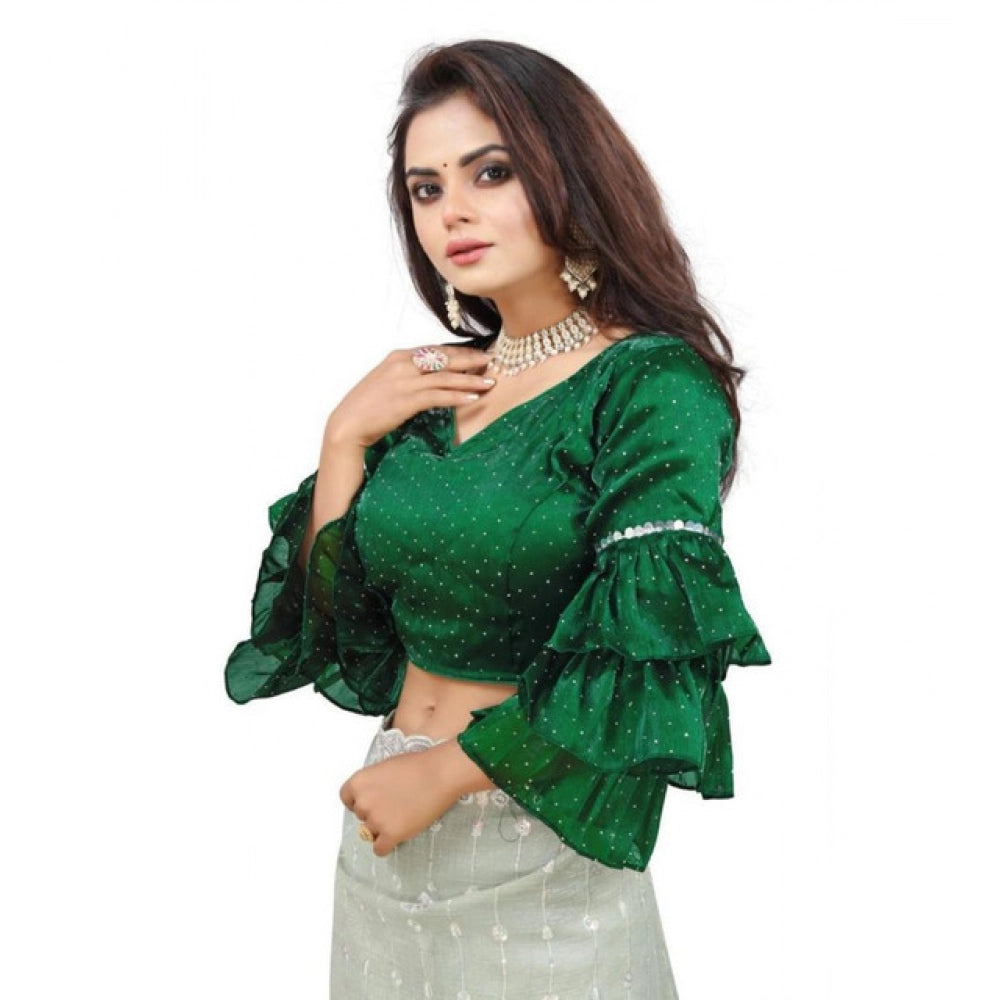 Amfyn Women's Organza Solid V Neck Layered Ruffle Sleeve Readymade Blouse (Green Free Size , up to 38–40 Bust)-PID65850